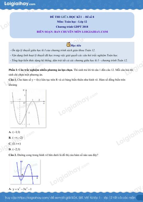 Đề thi giữa kì 1 Toán 12 - Đề số 8